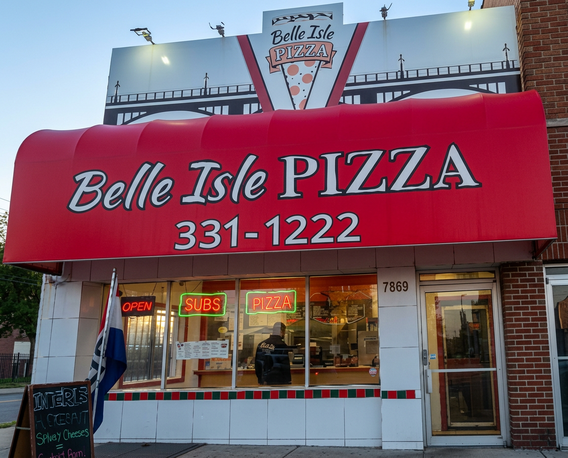 Belle Isle Pizza storefront with red awning at 7869 E Jefferson